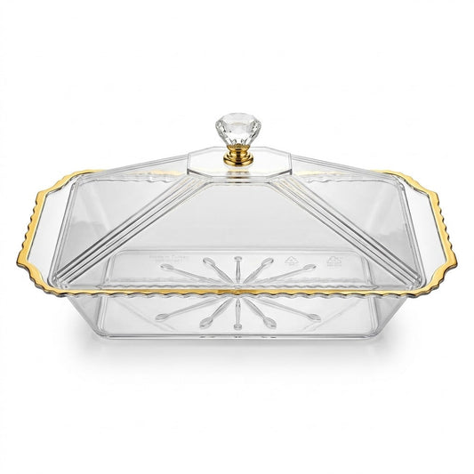 Clear Plastic Party Tray with Gold Lid, 683g, 40cm – SKU 8165