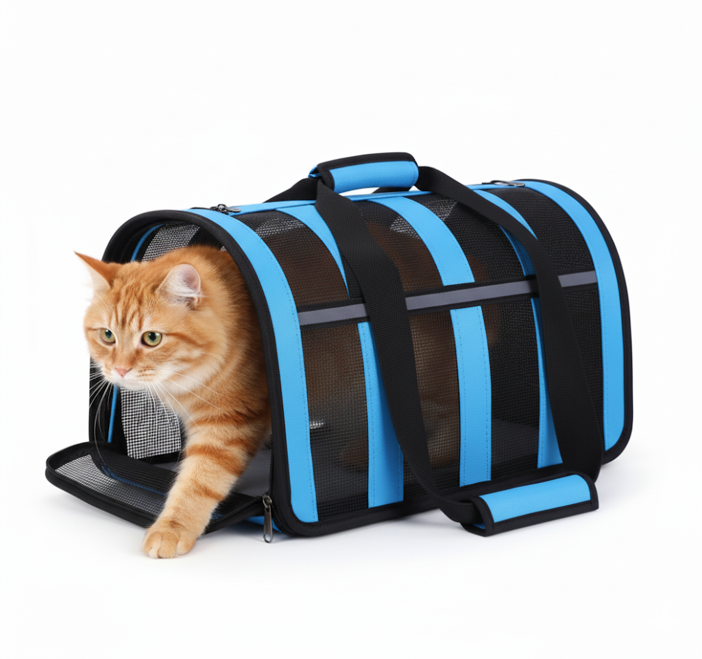 Pet Dog Cat Foldable Striped and Mesh Carrier Case with Handle and Shoulder Strap 48.5 x 26 x 27cm Assorted Colours 8050