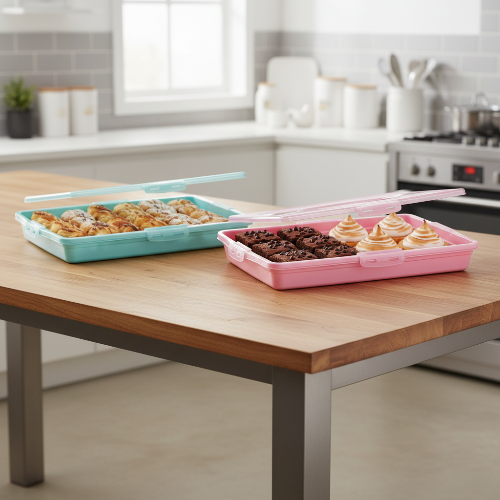 Plastic Cake Pastry Party Brownie Tray Storage Carry Box with Cover 45 x 30 x 10 cm Assorted Colours D30307