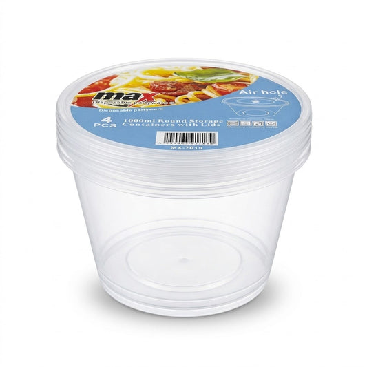 1000ml Round Food Storage Containers with Lids, 4-Piece Pack, 147 x 88mm, SKU MX7018