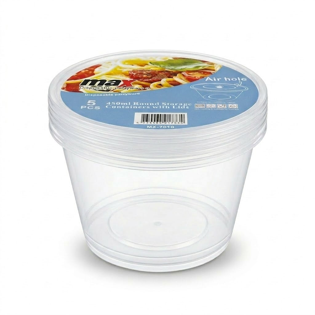 450ml Round Vented Food Storage Containers, 5-Piece Pack, 118 x 60mm, SKU MX7014